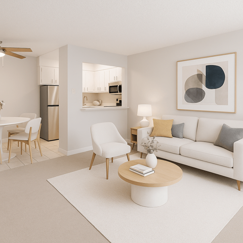 A modern living room with a white sofa, a wooden coffee table, and a painting on the wall.