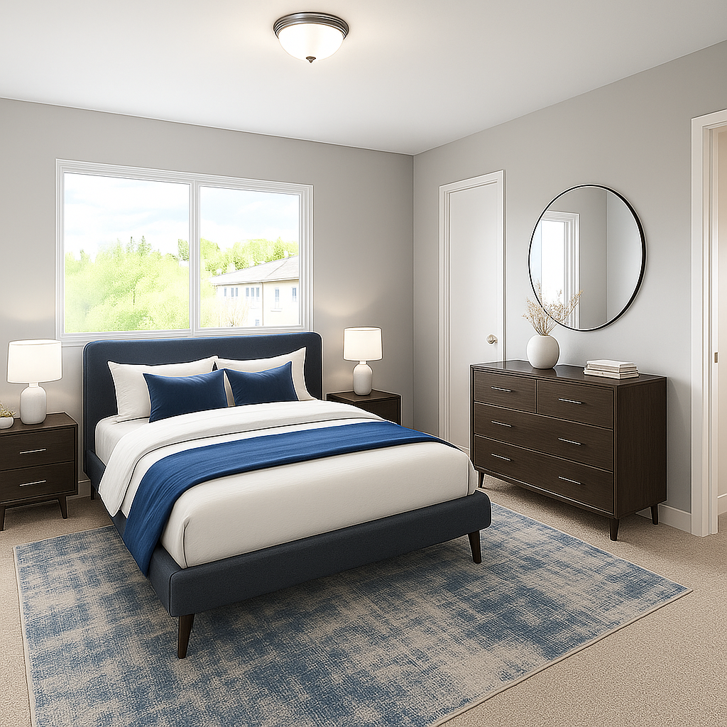 A bedroom with a large bed, a dresser, and a mirror.