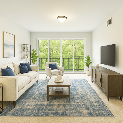 A living room with a white couch, a coffee table, a television, and a large window with a view of a green fence.