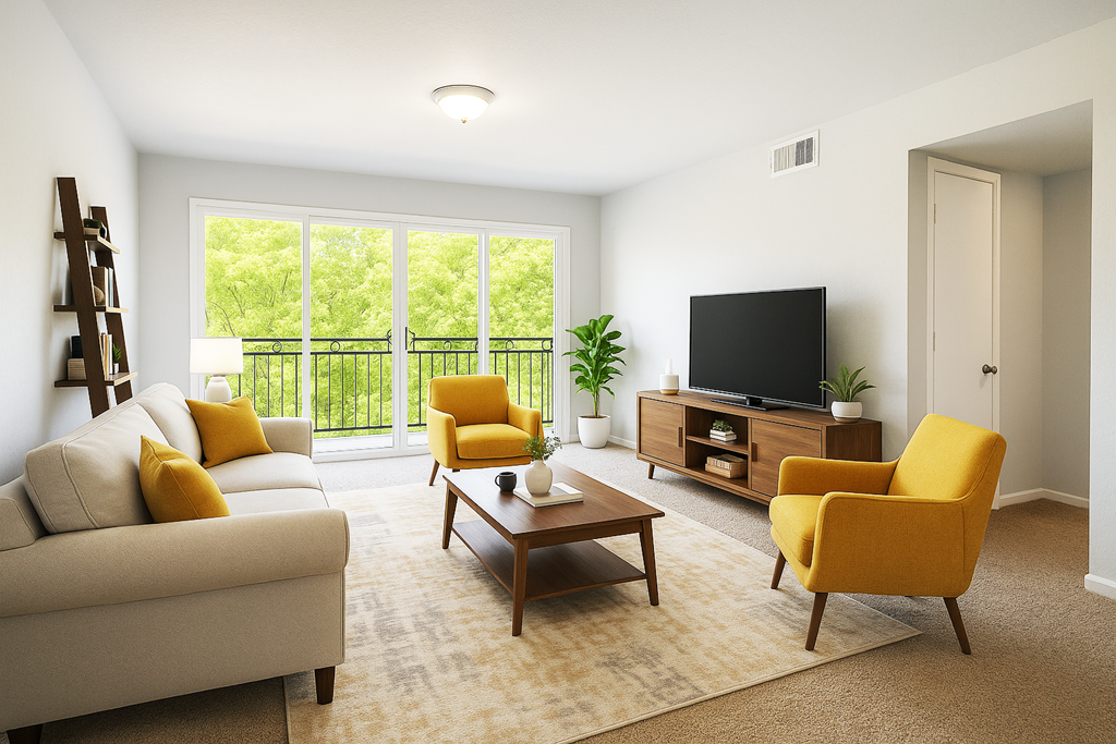 A living room with a white couch, yellow armchair, and a coffee table.
