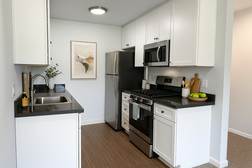 A kitchen with white cabinets and black countertops.