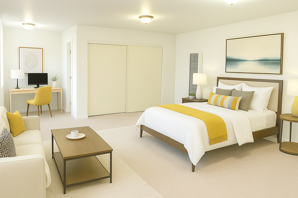 A bedroom with a bed, desk, and chair.