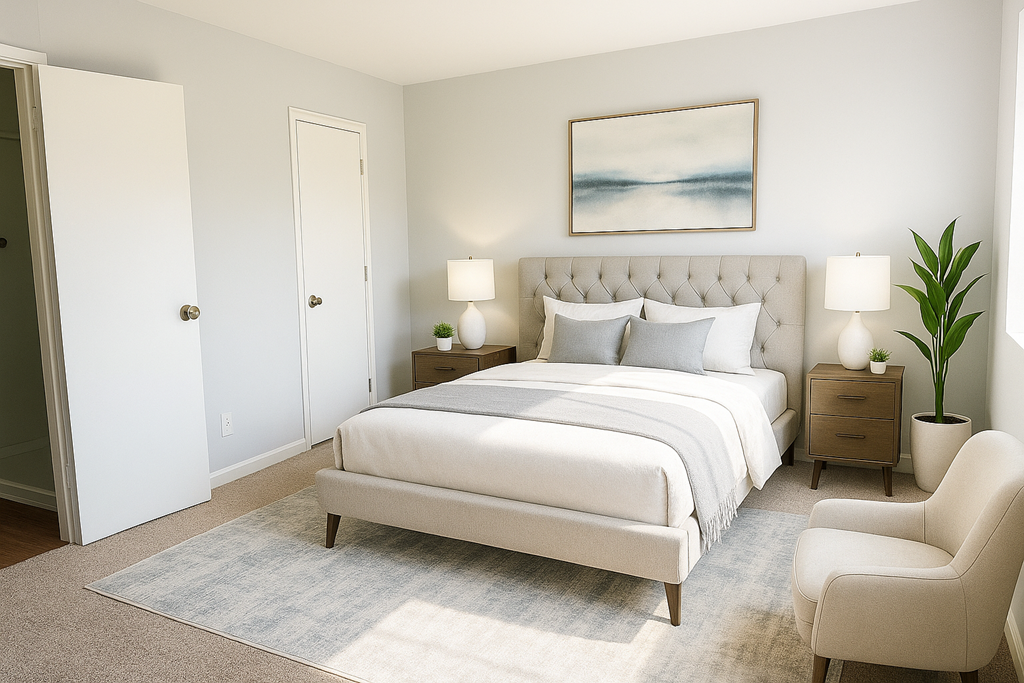 A bedroom with a large bed, a chair, and a painting on the wall.