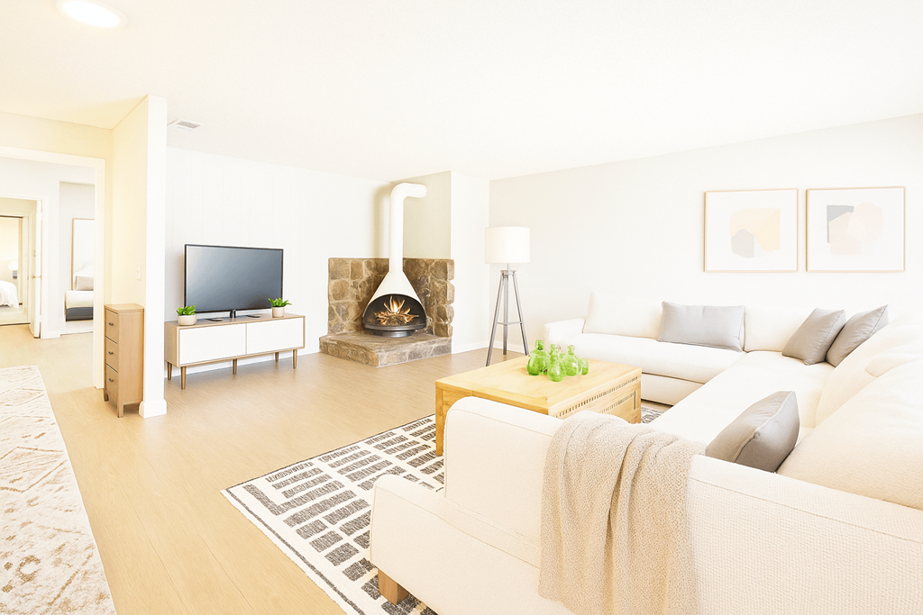 A living room with a couch, a television, a fireplace, and a rug.