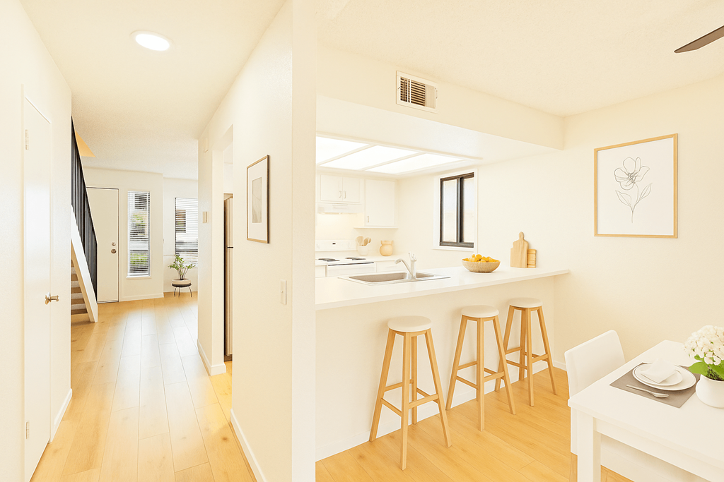 A kitchen with a table and chairs in the foreground and a dining area in the background.