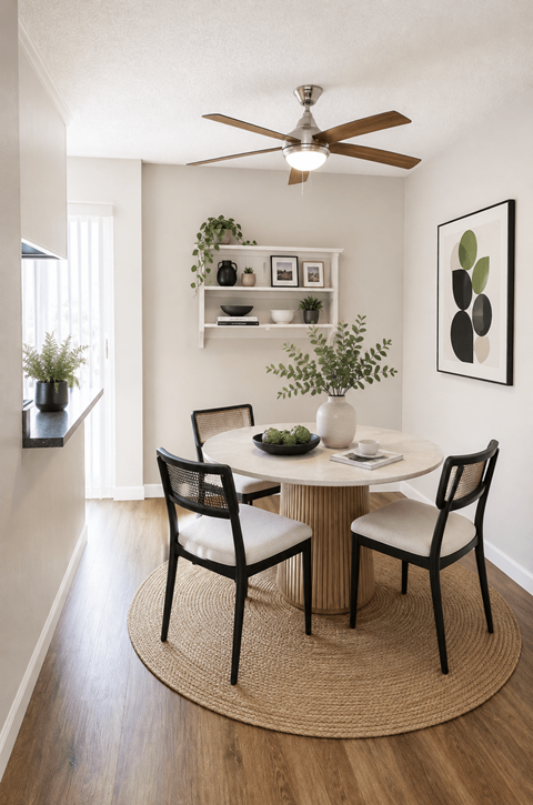 A dining room with a round table and chairs.