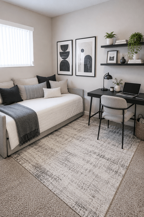A bedroom with a bed, desk, and chair.