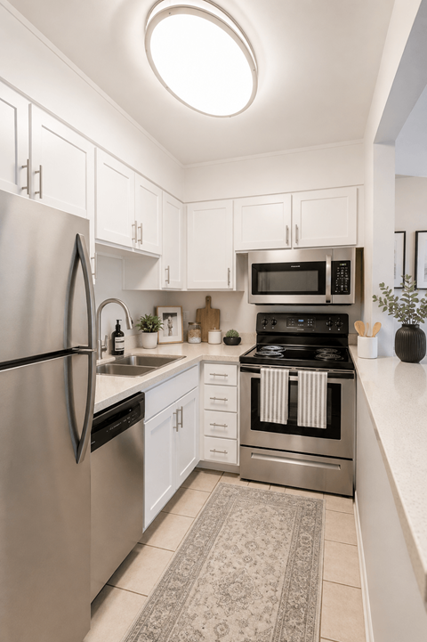 A modern kitchen with a refrigerator, microwave, and oven.