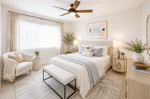 A bedroom with a large bed, a chair, and a ceiling fan.