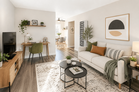 A living room with a white couch, a coffee table, and a television.