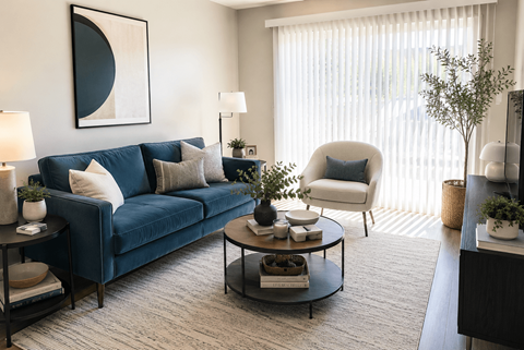 A living room with a blue couch, a white chair, and a coffee table with decorative items on it.