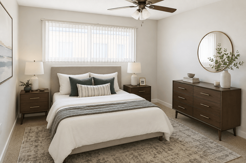 A bedroom with a large bed, two nightstands, and a ceiling fan.