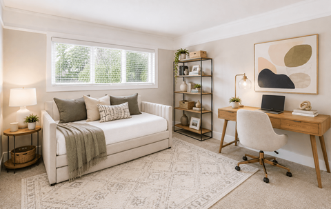 A cozy bedroom with a bed, desk, and chair.