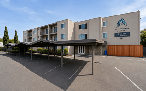 The Fairway Apartment building has a parking lot in front.