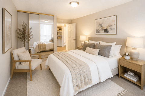 A bedroom with a large bed, a chair, and a nightstand.