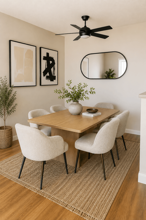 A dining room with a table and chairs.