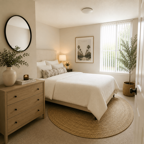 A bedroom with a bed, nightstand, and a plant.