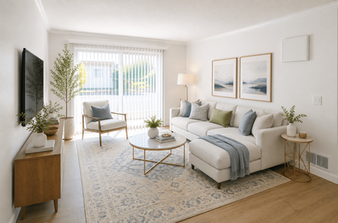 A living room with a white couch, a coffee table, and a TV on the wall.
