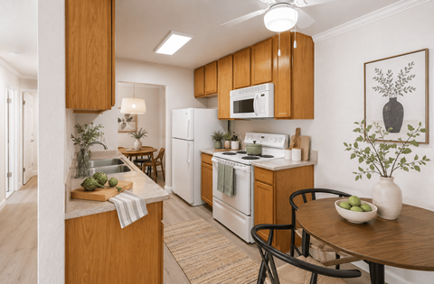 A kitchen with wooden cabinets and a white fridge.