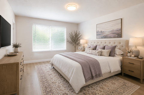 A bedroom with a large bed, a wooden dresser, and a painting on the wall.