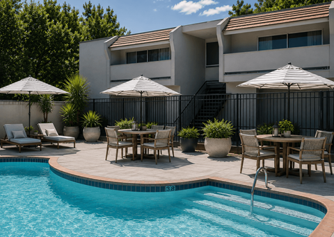 A pool with a table and chairs around it.