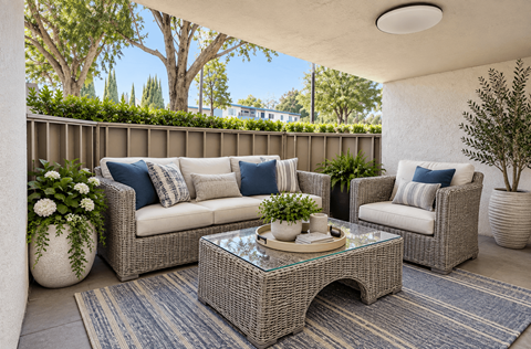A patio with a sofa, chair, and coffee table.
