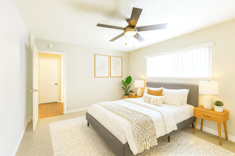 A bedroom with a bed, a ceiling fan, and a nightstand with a plant on it.