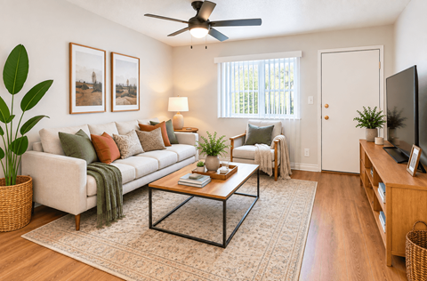 A living room with a white couch, a coffee table, and a ceiling fan.