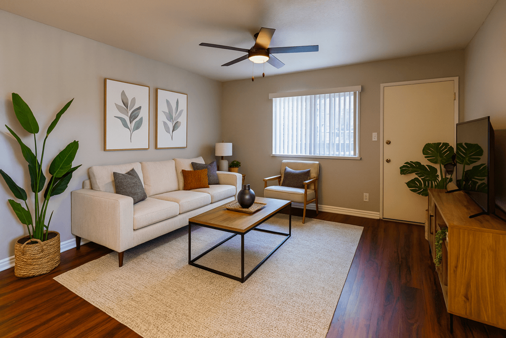 A living room with a beige couch, a coffee table, and a ceiling fan.