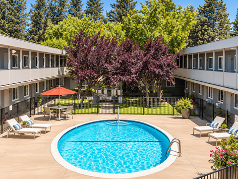 A swimming pool surrounded by trees and chairs.