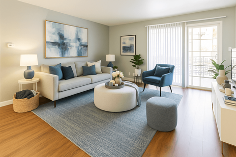 A living room with a white couch, a blue chair, and a grey ottoman.