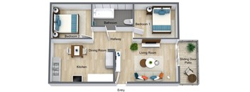 A floor plan of a house with a living room, dining room, kitchen, two bedrooms, a bathroom, and a sliding door patio.