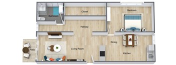 A floor plan of a house with a living room, dining room, kitchen, bedroom, bathroom, and hallway.