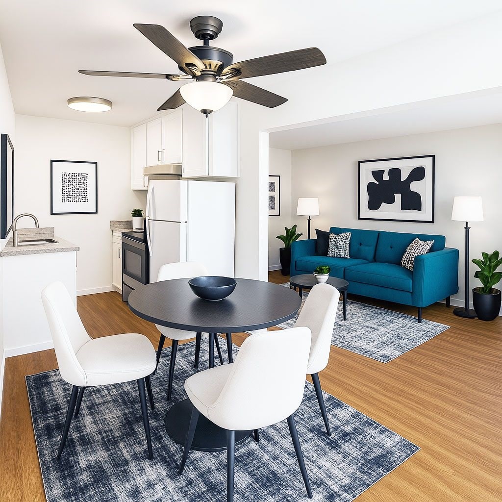 A modern dining room with a black table and white chairs.