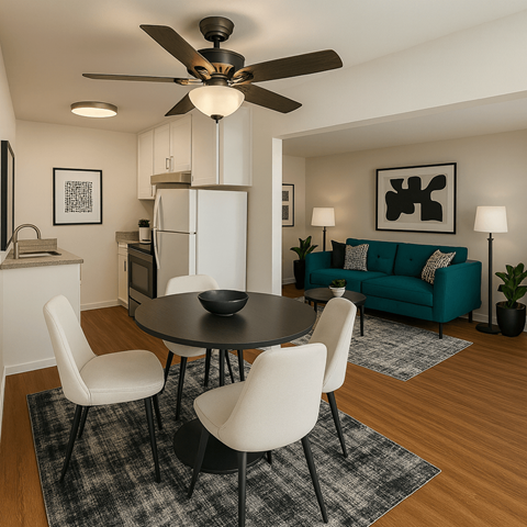 A modern dining room with a black table and white chairs.