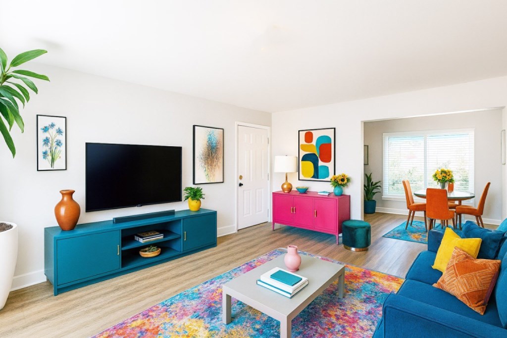 A living room with a blue couch and a television on a cabinet.