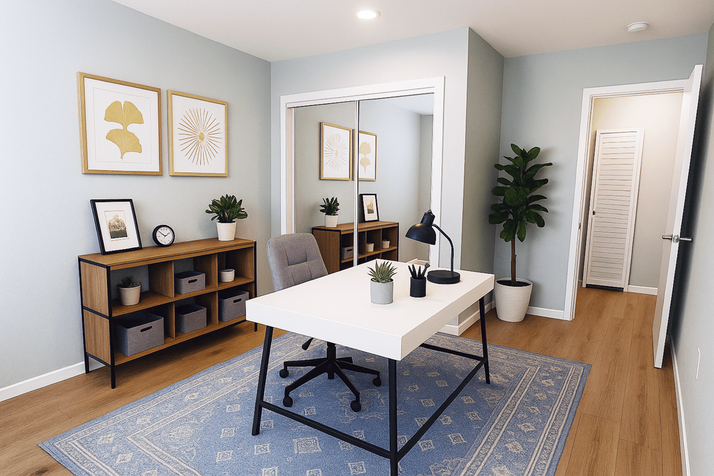 A room with a white table and a blue rug.