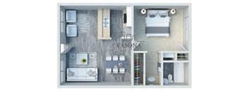 A top-down view of a room with a couch, a bed, and a desk.