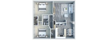 A 3D floor plan of a small apartment with a bedroom, living room, and kitchen.