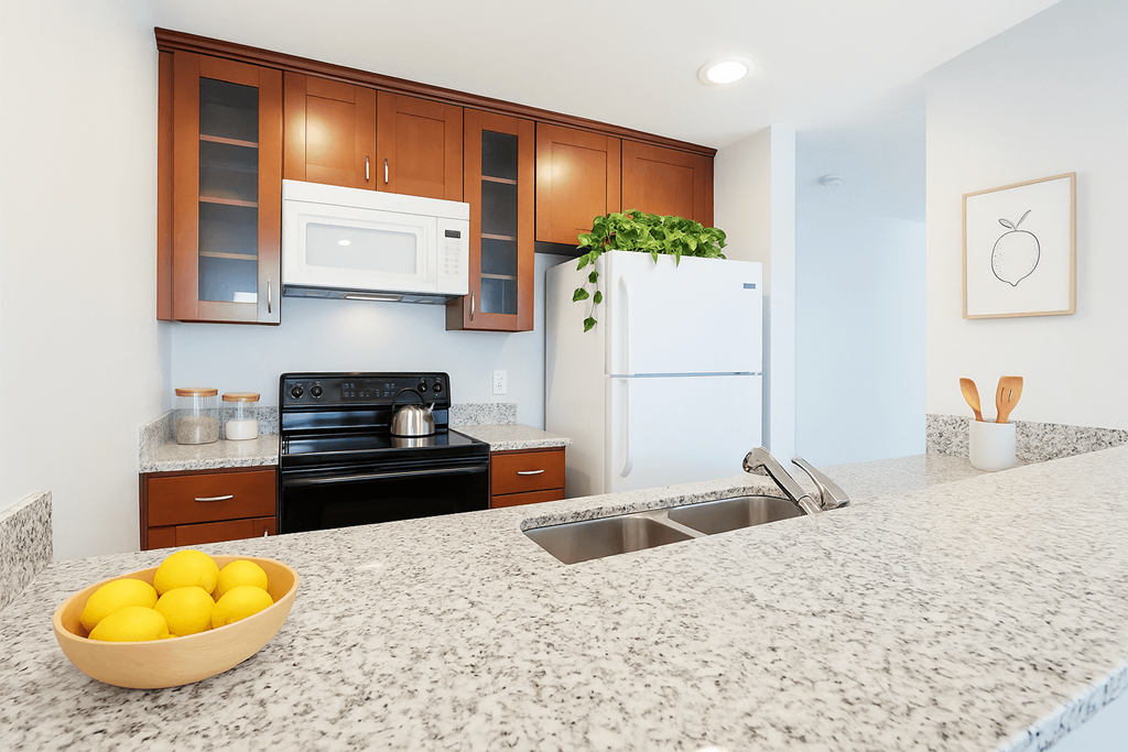 A kitchen with a bowl of lemons on the counter.
