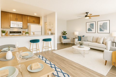 A modern kitchen with a breakfast table set for two.