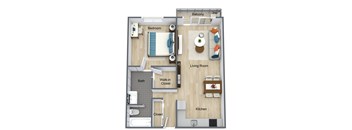 A floor plan of a small apartment with a bedroom, living room, kitchen, and bathroom.