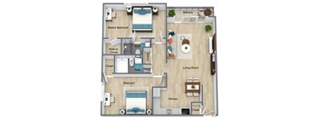 A floor plan of a house showing a master bedroom, living room, kitchen, and two bathrooms.
