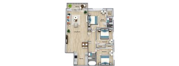 A floor plan of an apartment with a living room, kitchen, and three bedrooms.