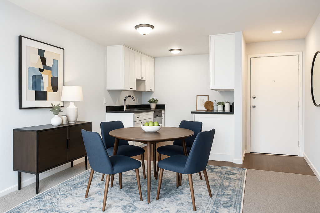 A dining room with a round table and chairs.