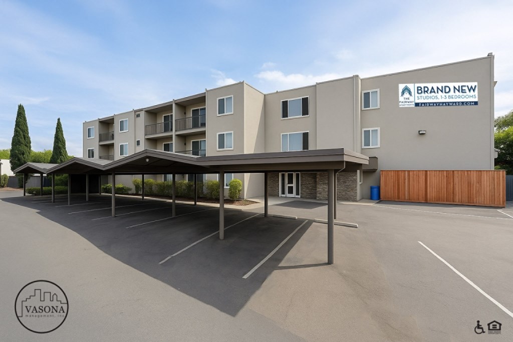 A modern building with a parking lot in front of it.