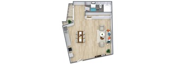 A top-down view of a small apartment with a balcony, bathroom, and living room.