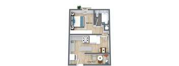 a stylized floor plan of a bedroom with a bathroom and living room