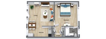 A floor plan of a small apartment with a living room, kitchen, bedroom, bathroom, and storage closet.