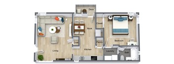 A floor plan of a small apartment with a living room, kitchen, pantry, laundry, bedroom, and bathroom.